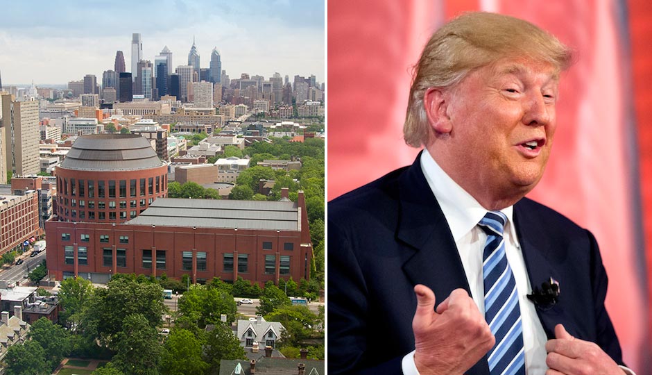 Wharton's Huntsman Hall By WestCoastivieS - via CC0. Donald Trump, Andrew Harnik, AP