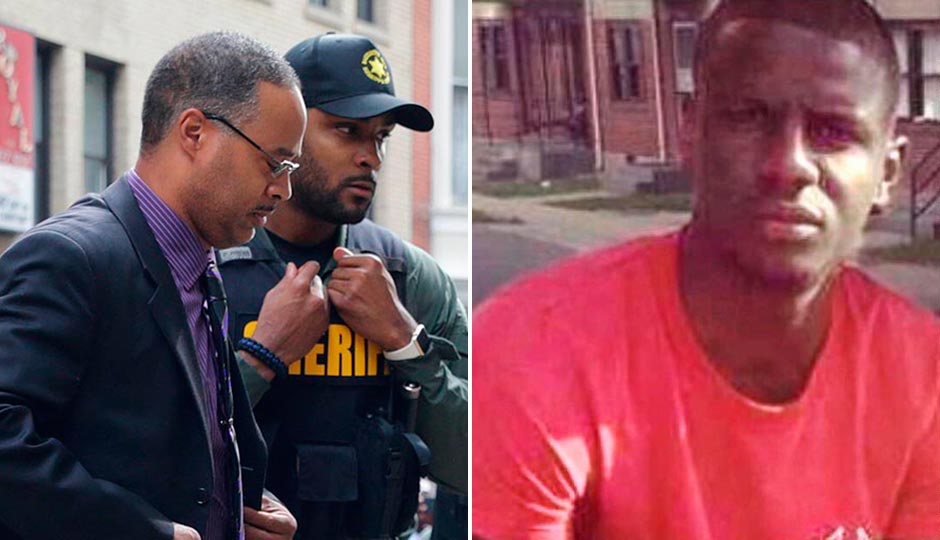 Officer Caesar Goodson (left) on the day he was acquitted of murder charges in the death of Freddie Gray (right).