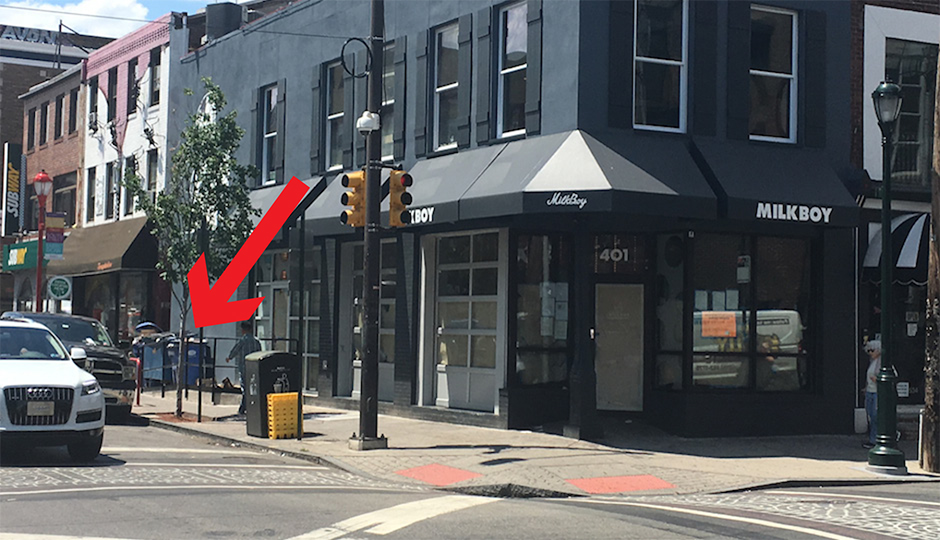 The new South Street Milkboy location with an arrow pointing to the dumpster in question. (Photo by Elizabeth Worthington)