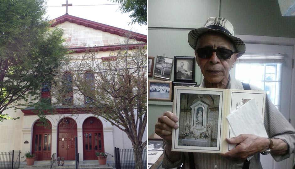 St. Peter Claver Church. Photo courtesy Arlene Edmonds. William Barney Richardson holds a Mass card for the Shrine of Our Lady of Victories inside the church. 