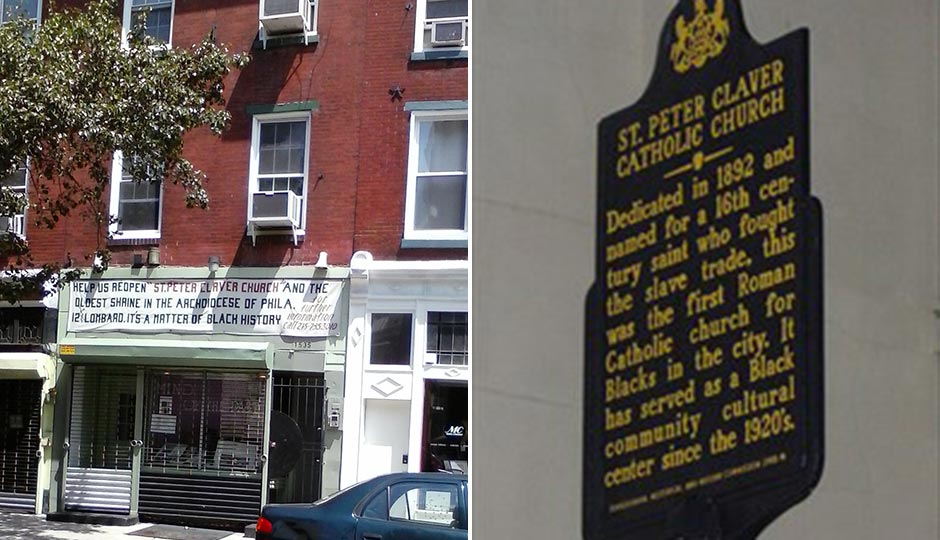 William Barney Richardson's storefront sign calling for the reopening of St. Peter Claver Church. Photo | Sabrina Vourvoulias. The church's historical marker. Photo courtesy of Arlene Edmonds. 
