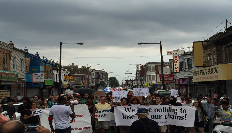 Demonstrators protesting police shootings make through way through North Philadelphia on July 8th. 