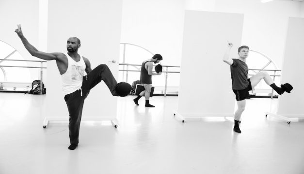 Dancers Gary W. Jeter II, Edgar Anido and Daniel Mayo rehearse for BalletX’s Summer Series. Photo by Bill Hebert