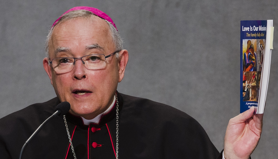 Archbishop of Philadelphia Charles Joseph Chaput speaks at a press conference at the Vatican, Tuesday, Sept. 16, 2014, to present the 2015 World Meeting of Families to be held in Philadelphia, PA, from Sept. 22 to Sept. 27, 2015. Francis and 100 elderly priests will celebrate a Mass in St. Peter's Square on Sept. 28 in honor of the elderly, part of his long-standing belief that old people shouldn't be shut away in retirement homes but should be actively cherished for their wisdom. The Mass for grandparents, and the group wedding that Francis celebrated last weekend, are aimed at focusing attention on family life ahead of a major two-year church study on family issues starting Oct. 5. (AP Photo/Domenico Stinellis)
