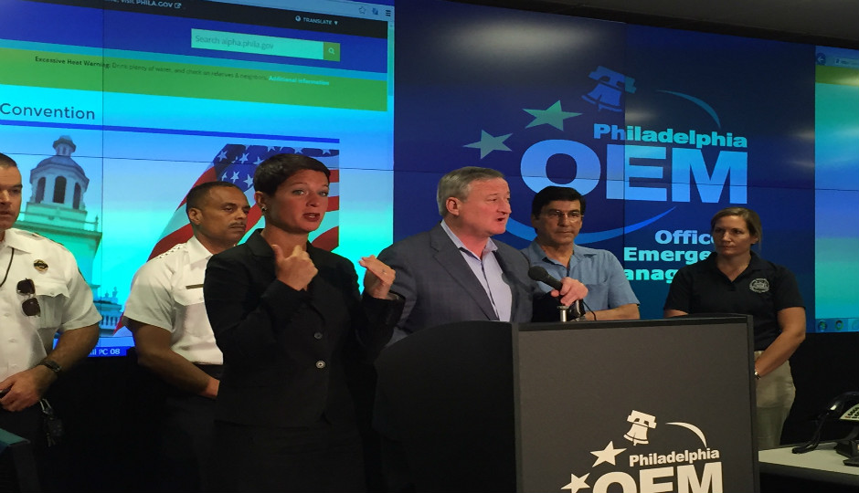 Mayor Jim Kenney discussing the looming DNC at the Office of Emergency Management on Sunday. 
