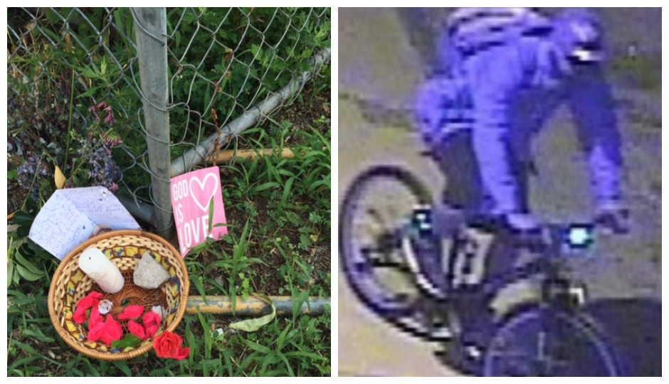 Left: Memorial marking the spot where Rickie Morgan was murdered. Right: Surveillance footage of suspect wanted in June 12th sexual assault.