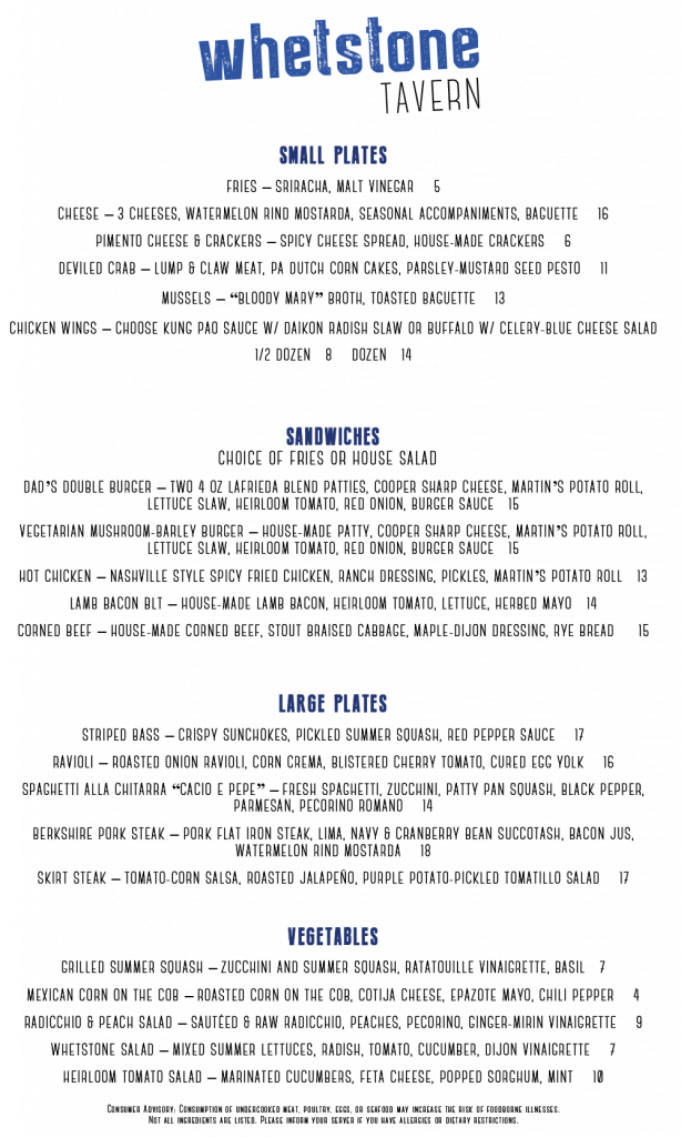 Summer menu at Whetstone Tavern