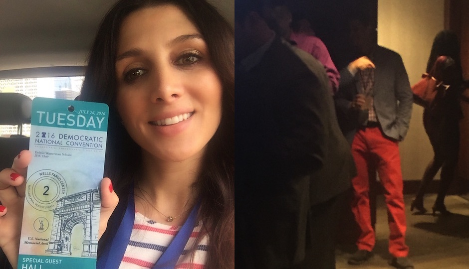 Left: Who the hell gave Trump pal Erin Elmore credentials for the DNC? Right: Anthony Weiner thinks red pants are the way to go.