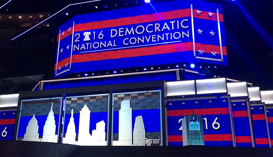 Stage and podium at the Democratic National Convention, with Philadelphia skyline and Liberty Bell