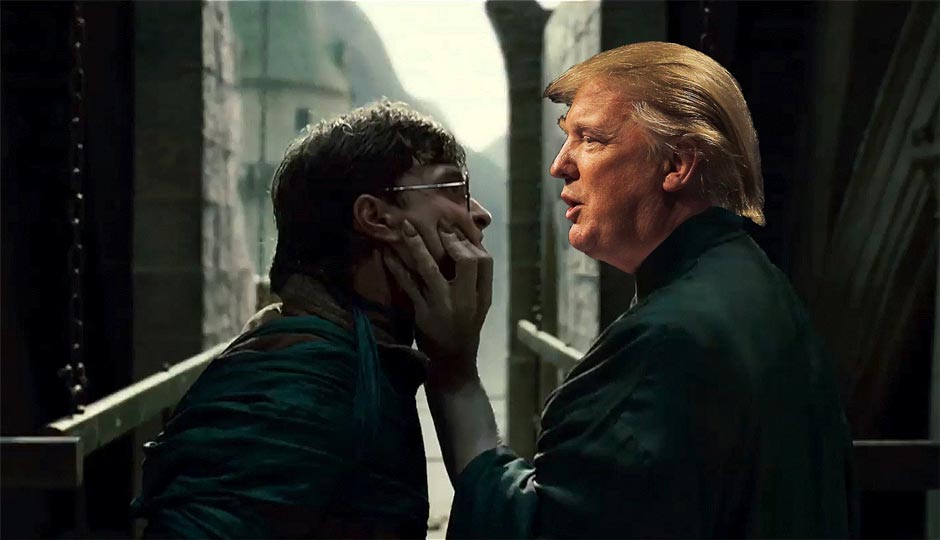 Harry Potter vs. Voldemort, but with Donald Trump instead of Voldemort