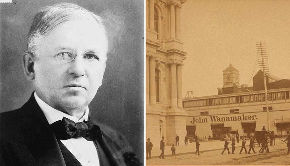 Left: John Wanamaker in July 1915. Right: City Hall and John Wanamaker's "Grand Depot" at 13th & Market