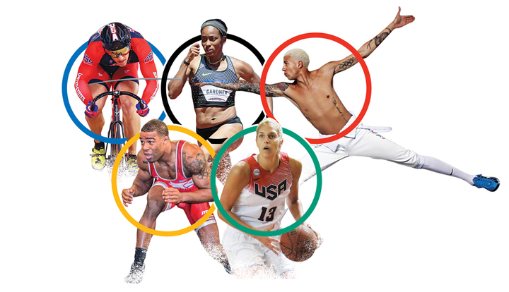 Clockwise from top left: Casey Gibson/USA Cycling; USATF; Olugbenro Ogunsemore/Red Bull; USA basketball; Tony Rotundo/WrestlersAreWarriors.com.
