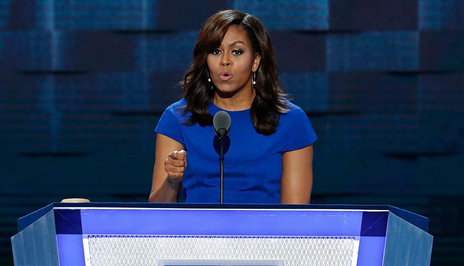 Michelle Obama speaking at the DNC. Photo by J. Scott Applewhite/AP