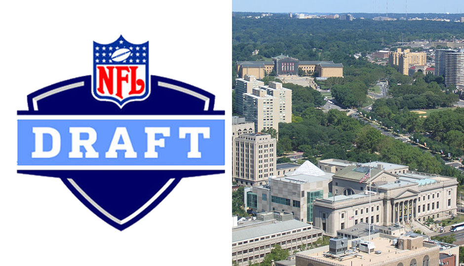 The NFL draft logo side by side with the Benjamin Franklin Parkway