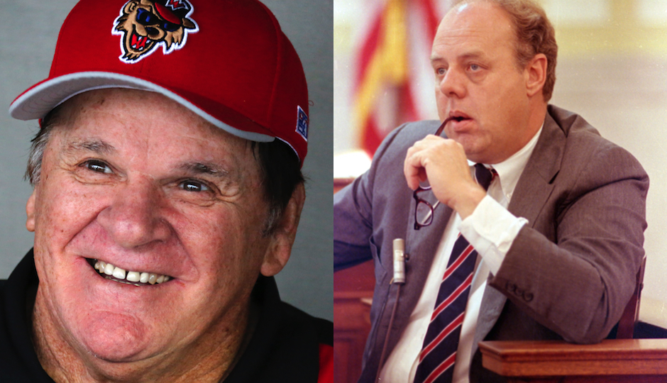 Left: Pete Rose in 2015. Right: John Dowd at a 1989 hearing about his investigation into Rose. (Photos via AP)