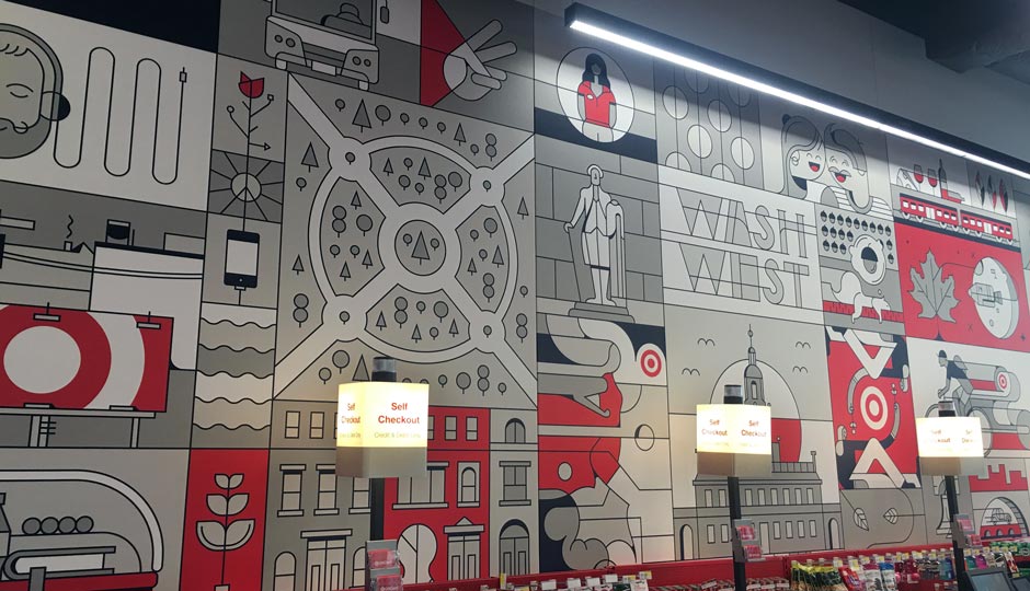 A mural inside Target on Chestnut Street shows Philly landmarks in Target's design style