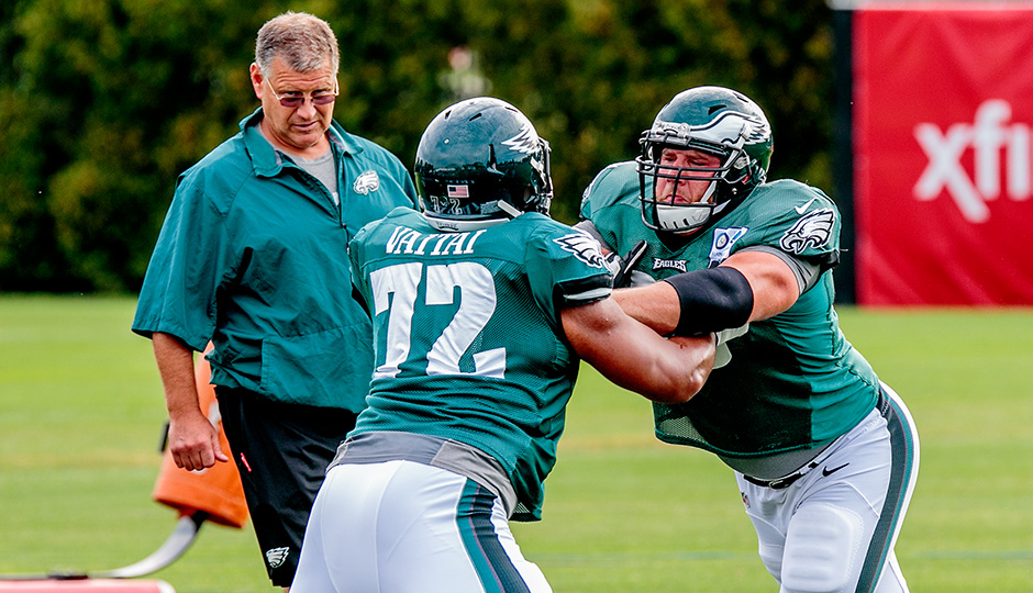 Jeff Stoutland, Halapoulivaati Vaitai, and Lane Johnson. (Jeff Fusco)