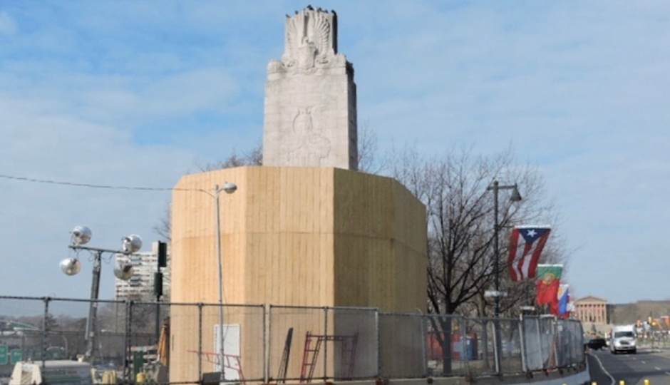 A wooden barrier has been erected around the Civil War Sailor's monument and several other statues to protect them from construction.