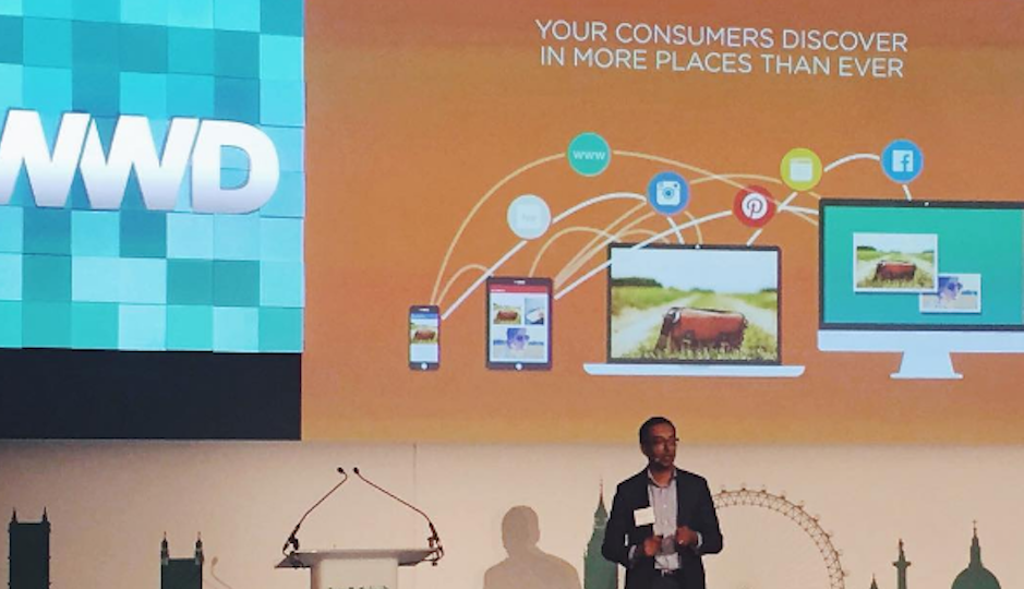 Apu Gupta, CEO of Curalate speaks at a conference in London. Photo via Instagram.