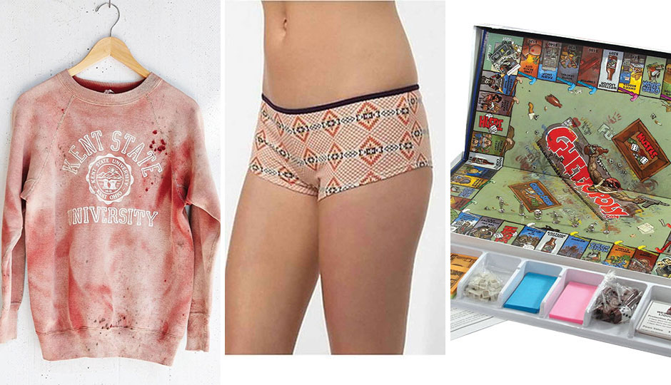 From left: The vintage Kent State sweatshirt, “Ghettopoly,” the “Navajo Hipster Panty.”