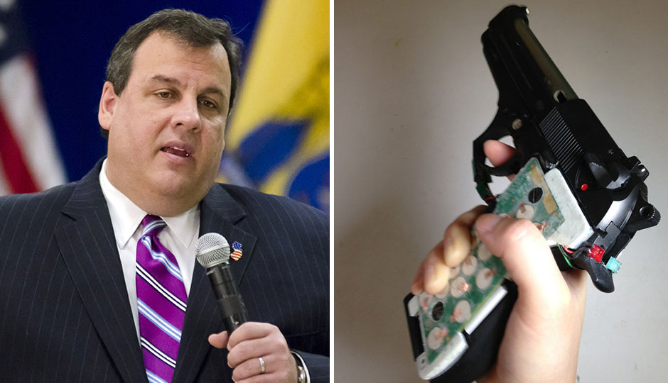 Split photo: Chris Christie, New Jersey governor, and a smart gun developed by NJIT