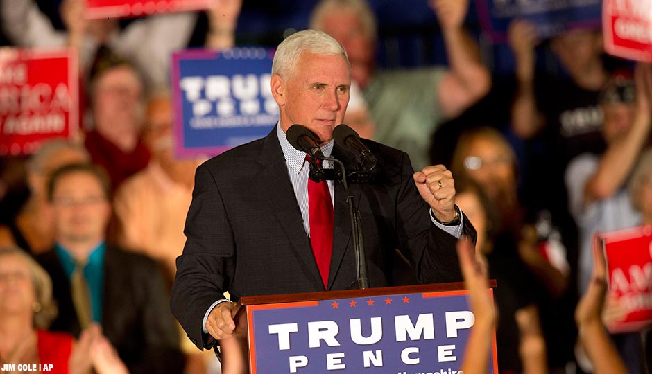 Republican vice presidential candidate, Indiana Gov. Mike Pence listens to a cheering crowd at after speaking at the Executive Court Banquet Facility, Thursday Aug. 18, 2016, in Manchester, N.H.