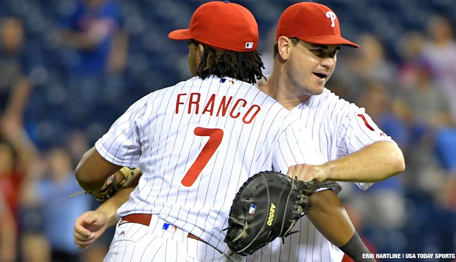 Philadelphia Phillies third baseman Maikel Franco (7) celebrates with Philadelphia Phillies first baseman Tommy Joseph (19) after final out against the Colorado Rockies at Citizens Bank Park.