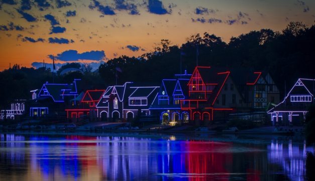 The Boathouse Row lights were a patriotic red, white and blue during the DNC. Photo by R. Kennedy for Visit Philadelphia 