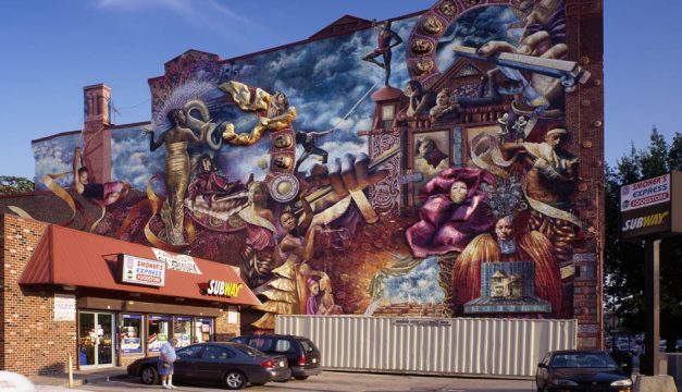 The Theater of Life mural by Meg Saligman. © 2002 City of Philadelphia Mural Arts Program. Photo by Jack Ramsdale