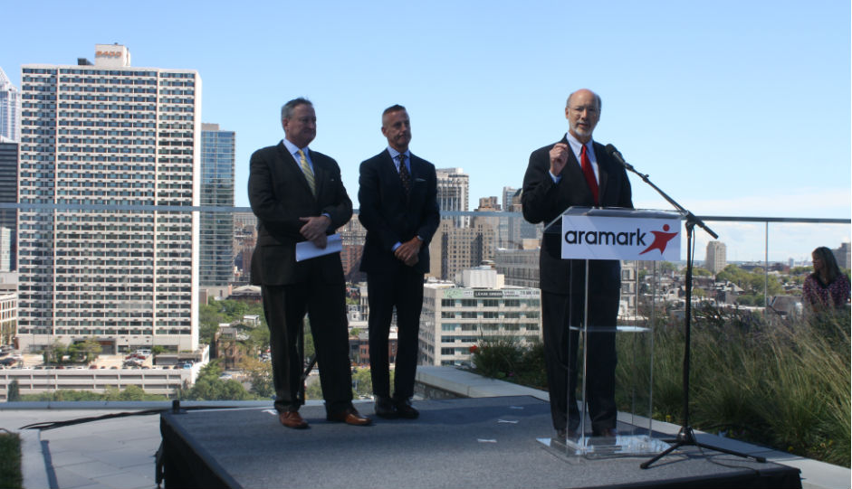 From Left, Mayor Jim Kenney, Aramark CEO Eric Foss, Governor Tom Wolf | Photo by Jared Brey