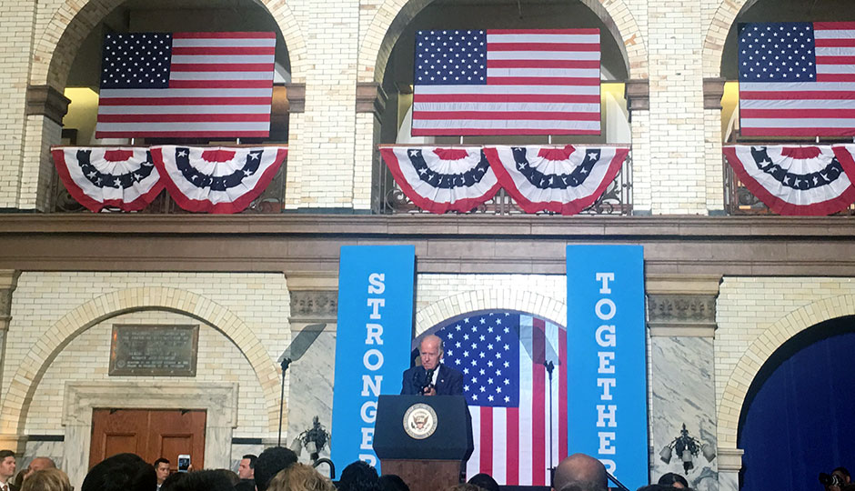 Joe Biden speaks in Drexel's grand court