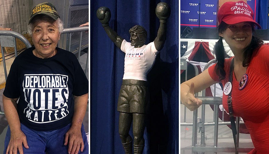 A woman in a "Deplorable Voters Matter" t-shirt, a Rocky statue with a Trump/Pence shirt, and Emily Youcis (Pistachio Girl) decked out in Trump gear