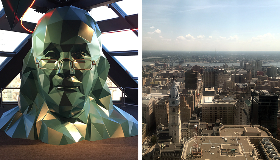 Max Headroom-style Ben Franklin sculpture at the top of the Liberty Observation Deck; the view from the top