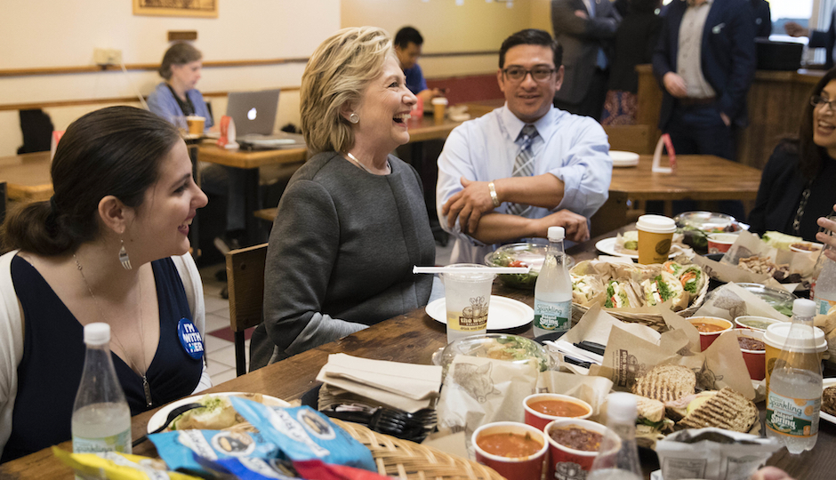 Polly Rose Edelstein (left) at the Hillary Clinton lunch on Wednesday. (AP Photo/Matt Rourke)