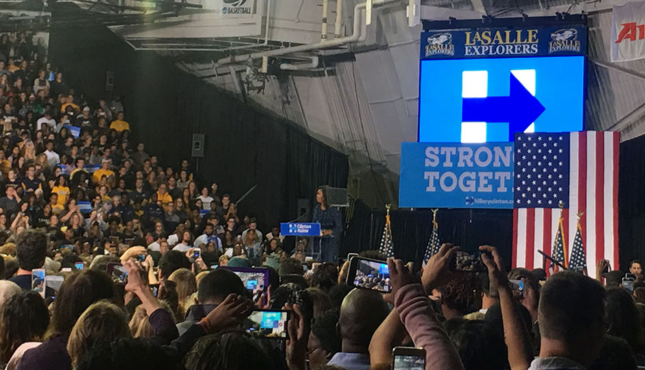 Michelle Obama speaking at the Tom Gola Arena at La Salle University