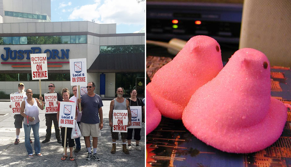Workers on strike outside Just Born plant; also, some peeps