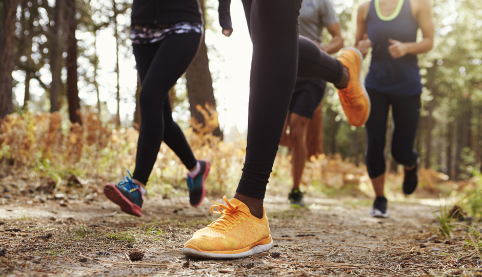 Legs and shoes of four young adults running in forest, crop