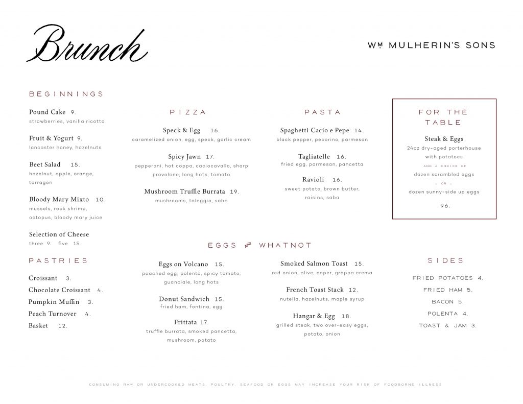 Wm. Mulherin's Sons Brunch Menu