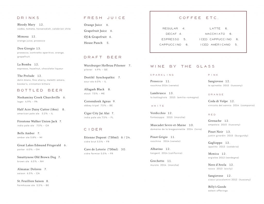 Wm. Mulherin's Brunch Drinks Menu