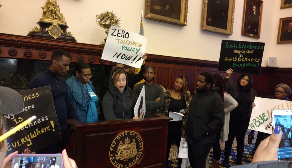 Black & Brown Workers Collective and other protesters disrupt the LGBT flag raising ceremony at City Hall on October 9th. Photo by Ernest Owens.