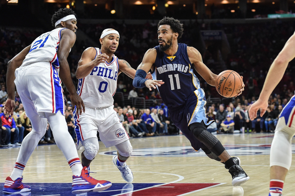 Joel Embiid (21) and Jerryd Bayless (0) defend Mike Conley of the Memphis Grizzlies during the Grizzlies 104-99 double overtime victory | John Geliebter-USA TODAY Sports