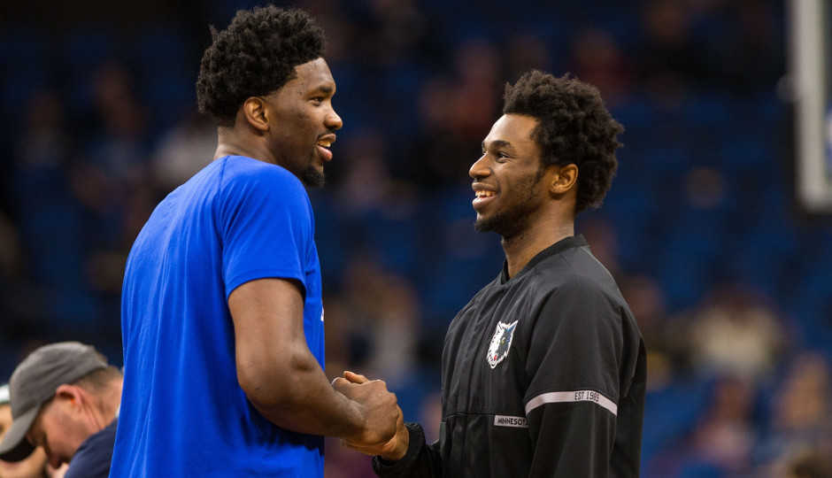 Former Kansas teammates Joel Embiidf and Andrew Wiggins talk prior to Thursday night's game between the Minnesota Timberwolves and Philadelphia 76ers | Brace Hemmelgarn-USA TODAY Sports