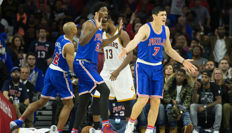 Ersan Ilyasova and Joel Embiid react to a call in the 76ers 102-101 loss to the Cleveland Cavaliers | Bill Streicher-USA TODAY Sports
