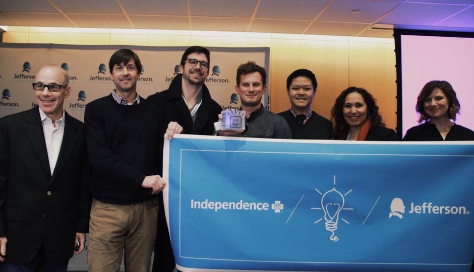 Stephen Klasko (left) with 2015 Health Hack winner CubeSmart and IBX sponsors. Photo courtesy of Jefferson University.