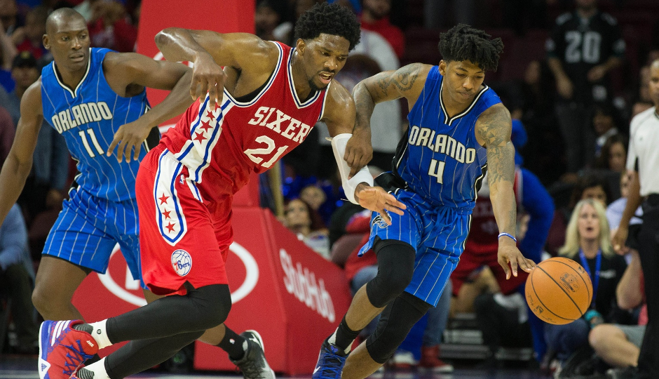 Joel Embiid chases down a loose ball late in the Sixers 103-101 loss to the Orlando Magic | Bill Streicher-USA TODAY Sports