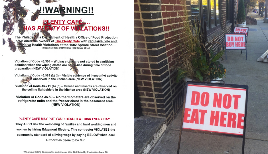 Left: The flier being distributed outside Plenty Cafe in Queen Village. Right: Protest signs outside the restaurant. (Photos by Sarah Doran)