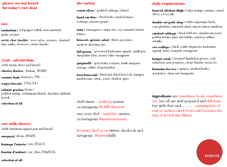 Menu from the Friends-and-Family night.