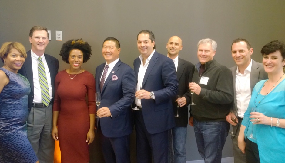 Philadelphia business leaders and Microsoft representatives at the Microsoft Reactor launch. Left to right: Donna Woodall (Microsoft); Joe Reagan (Wexford Science & Technology); Tiffanie Stanard (Stimulus); Steve Tang (Science Center); Wayne Kimmel (SeventySix Capital); Jeff Friedman (Microsoft); Matt Thompson (Microsoft); Chad Stender (SeventySix Capital); Lisa Pliskin (Kravco) | Photo: Courtesy of Microsoft Reactor