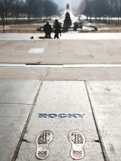 Bronze footprints mark the spot where Rocky Balboa leaped for joy in the classic film Rocky. | Photo by M. Fischetti for Visit Philadelphia