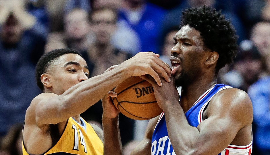 Joel Embiid is fouled by Gary Harris of the Denver Nuggets. Embiid's 12 made free-throws were key in the Sixers 124-122 victory | Isaiah J. Downing-USA TODAY Sports